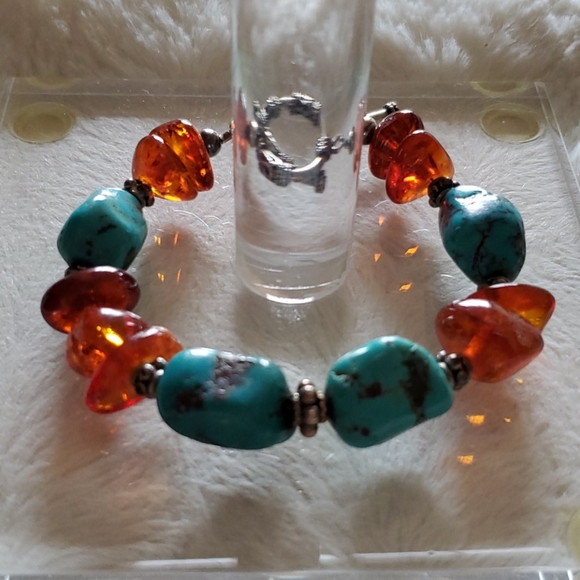 Amber and Turquoise Silver Bracelet - Picture 1 of 7